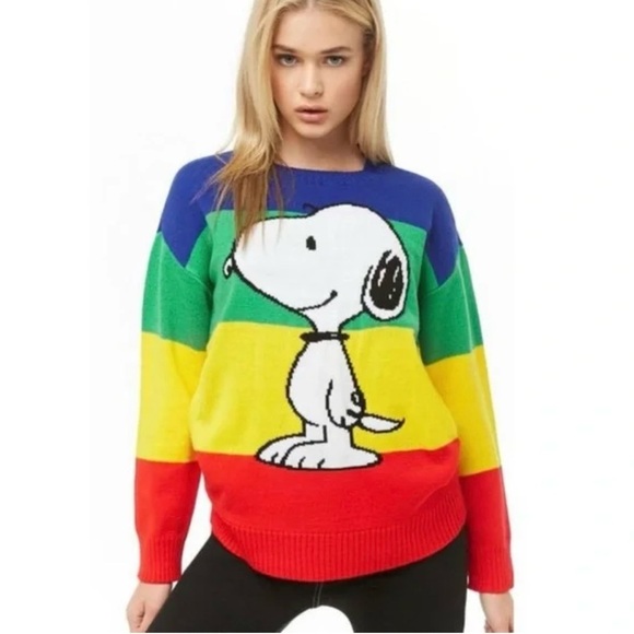 Peanuts Sweaters - PEANUTS Snoopy x Forever 21 Knit Pullover Sweater Crewneck Rainbow Color…
